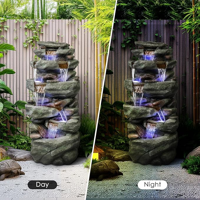 SunJet 40.5” High Rocks Outdoor Water Fountain - 6-Tiers Cascading Waterfall with LED Lights, Soothing Tranquility for Home Garden, Yard Decor