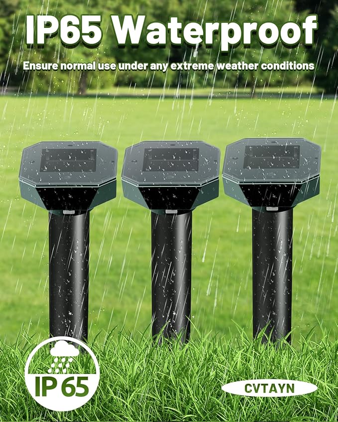 Snake & Mole & Skunk & Rabbit Repellent Solar Powered, Ultrasonic Deterrent, IP65 Waterproof, to Get Rid of Gopher, Groundhog, Rodent, Chipmunk, Raccoon, and Vole for Lawn & Garden, 4 Pack