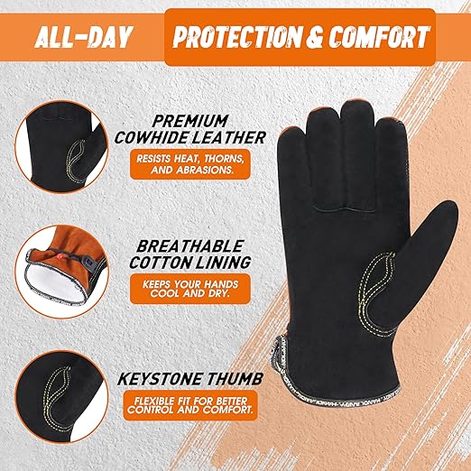 HLDD HANDLANDY 2 Pairs Leather Work Gloves for Men & Women – Cowhide Gardening Gloves, Thorn Proof, Cotton Lined, for Tig/Mig Welding, Construction, Chainsaw, Farm, Landscaping