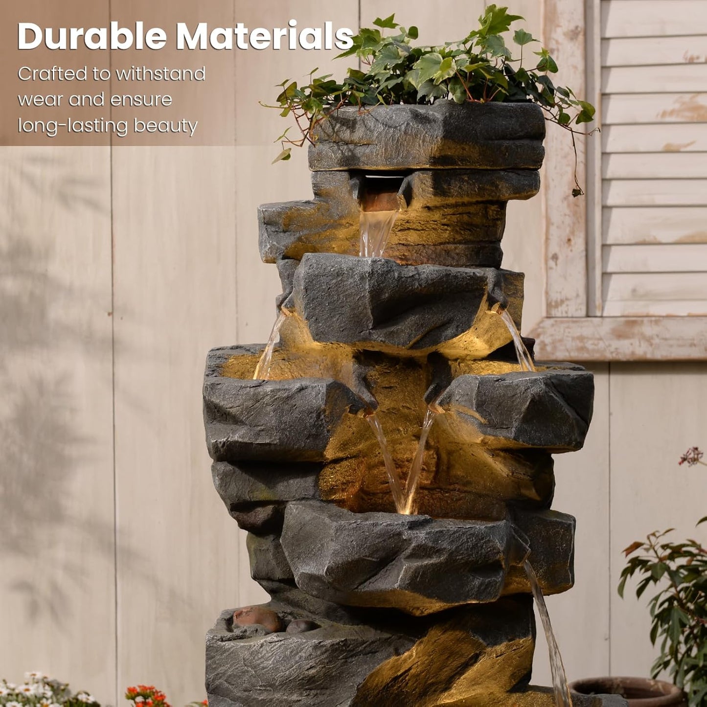 58“H Outdoor Garden Water Fountain 6 Tiers Large Cascading Rock Natural Waterfall Outdoor Fountain with LED Lights for Patio Porch Backyard Home Art Decor