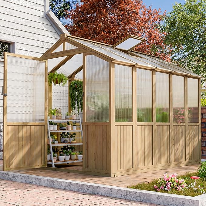CDCASA 8x6 FT Wooden Greenhouse for Outdoor, Easy Assembly Solid Cedar Frame w/ Polycarbonate Heavy Duty Greenhouses, Outside Garden Walk-in Green House Kit, Adjustable Roof Vent & Lockable Door