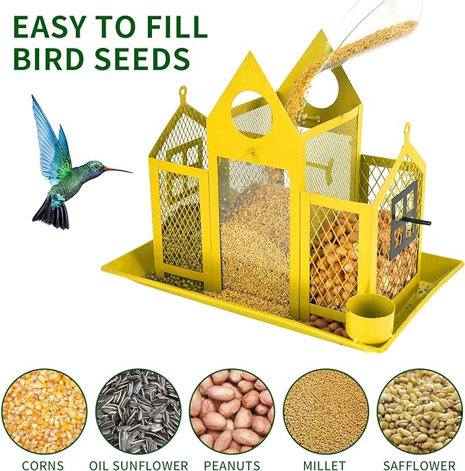 Solar Bird Feeders House for Outside Hanging, Metal Wild Bird Feeder for Outdoors, Large Cardinal Bird Feeder Birdhouses Squirrel Proof (Yellow)