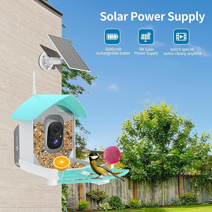 Smart Bird Feeder with Camera,AI Identify Birds Breed,Solar Powered WiFi FHD 2K Live View Camera,Auto Capture Video,Backyard Garden Bird Watching,Motion Detection,Cloud and SD Card Storage,Blue