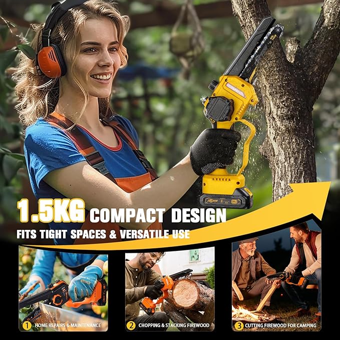 Mini Electric Chainsaw - DECERK Brushless 6-inch Chainsaws Cordless, Portable Handheld Power Chain Saw with 2 Batteries, for Trimming/Tree/Branch/Wood Cutting, Best Garden Gifts for Dad, Husband