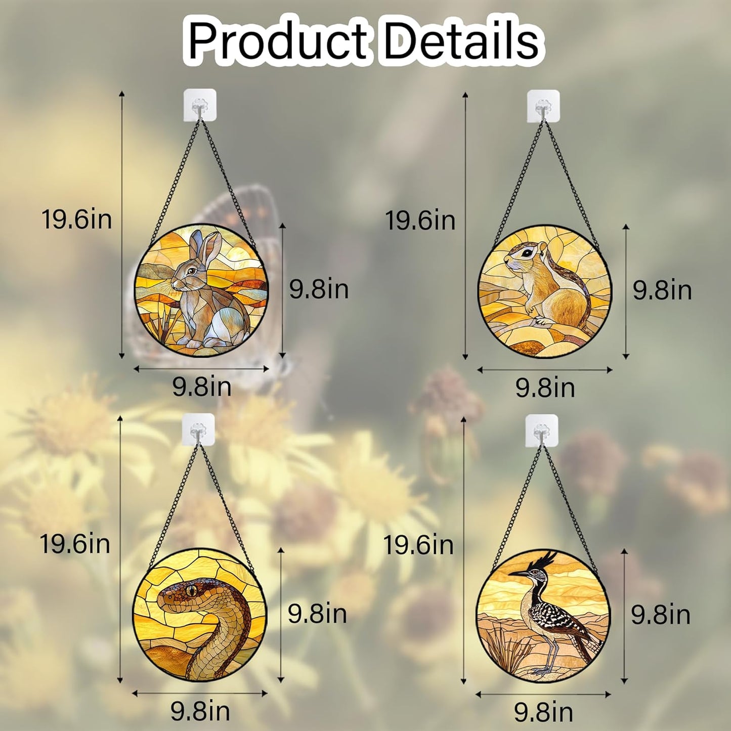 Stained Glass Window Hanging 4 Pcs Set Animals 9.8" - Desert Landscape Yellow Suncatcher Door Garden Sun Catcher Decor Birthday Christmas for Mom Woman Nana Men