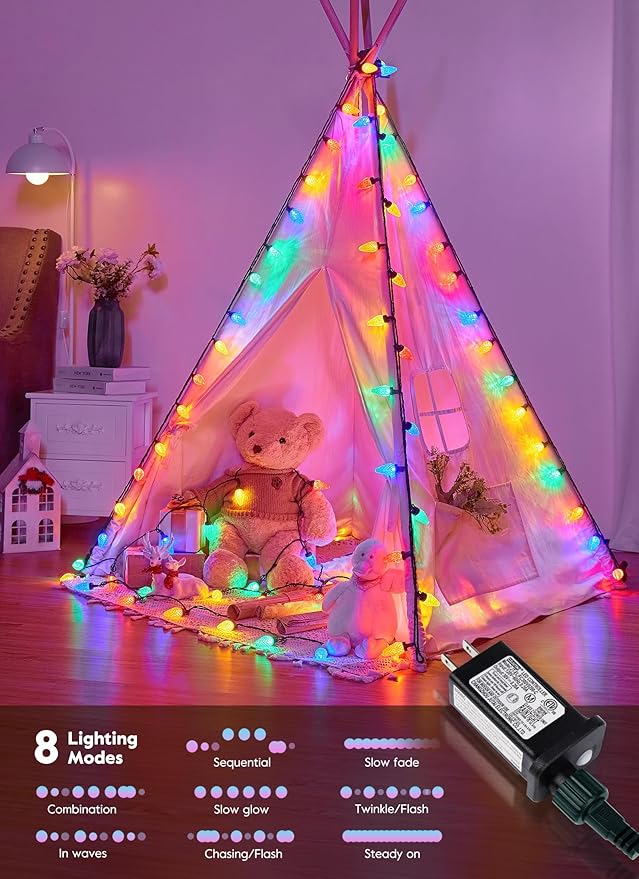 Brightown C9 Christmas Lights Outdoor, 114FT 150 LED Multicolor String Lights with Timer, 8 Modes, Plug-in UL Listed Waterproof Connectable Christmas Tree Lights for House, Roof, Garden, Patio Decor