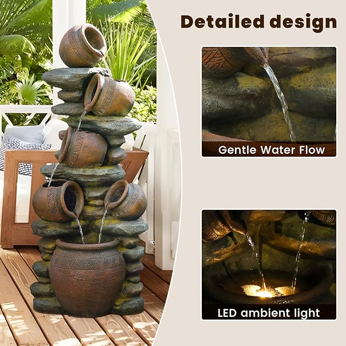 59.84 Inch Outdoor Water Fountain with LED Lights and Pump - Freestanding Waterfall Garden Feature for Patio, Yard, Courtyard
