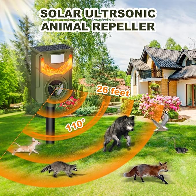 Solar Animal Repeller Ultrasonic Deer Repeller Fox Deterrent with 5 Modes Motion Sensor Flame Light for Repel Squirrel Cat Dog Outdoor Lawn Orchard Garden