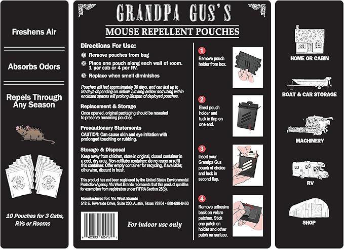 Grandpa Gus's Extra-Strength Mouse Repellent with Bonus Pouch Holder, Cinnamon/Peppermint Oils Repel Mice from Nesting & Freshen Air in Car/RV/Boat/Garage/Shed/Cabin, 1.75 Oz (10 Pouches)