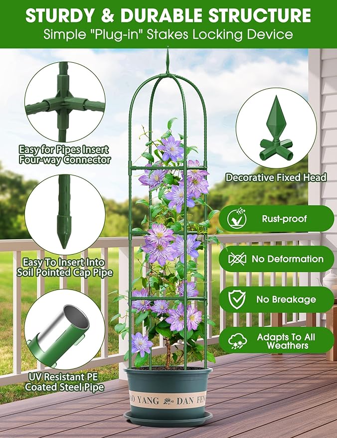 Trellis for Climbing Plants Outdoor, 6FT Garden Obelisk Rustproof PE Coated Metal Potted Plant Climbing Support, Thickened Tube Plant Tower Trellis for Clematis Vine Support Indoor (1 Pack)