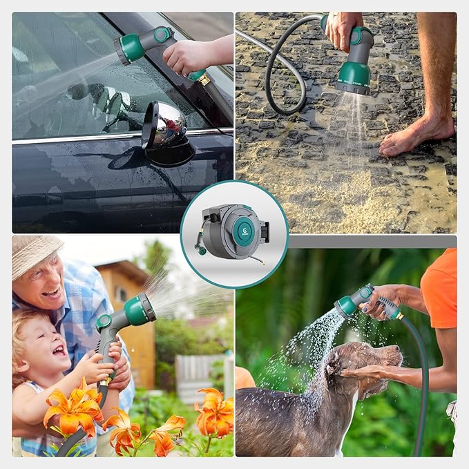 100 ft x 5/8" Retractable Garden Hose Reel, Heavy Duty Water Hose Reel Wall Mounted, Any Length Lock, 180°Swivel, Water Hose with 10-Function Nozzle for Cleaning, Watering (Green)