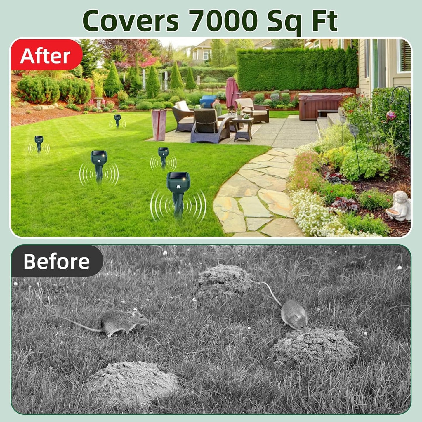 Mole Repellent Solar Powered, 4 Pack Snake & Skunk Repellent for Yard, IP 65 Waterproof Ultrasonic Deterrent Stakes, Get Rid for Rabbit, Gopher, Vole, Chipmunk, Deer, Groundhog for Lawns Garden