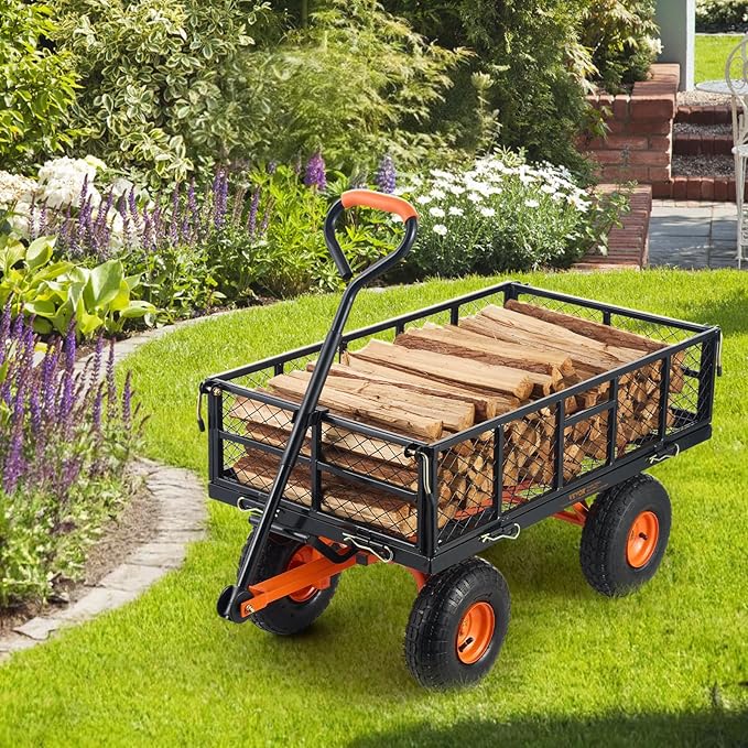 VEVOR 880lbs Steel Garden Dump Cart Utility Wagon, Heavy Duty Yard Dump Wagon Cart with Removable Sides, Pullable Handle, Utility Liner, 10in All Terrain Wheels