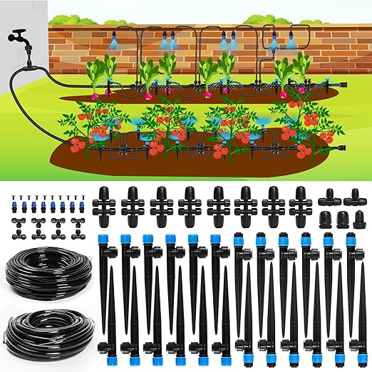 Bonviee Drip Irrigation System, 230FT Garden Watering System with Quick-to-Connect Fittings, Adjustable Drip Emitters, 1/4โ & 5/16โ Tubing, Drip Irrigation Kit for Raised Garden Beds, Greenhouse, Lawn