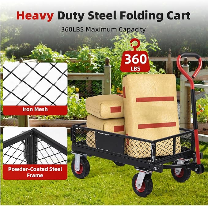 GarveeLife 360 LBS Foldable Steel Garden Cart, Yard & Garden Utility Wagon w Removable Mesh Sides, Collapsible Metal Utility Wagon Cart with 180° Rotating Handle for Garden, Farm, Yard