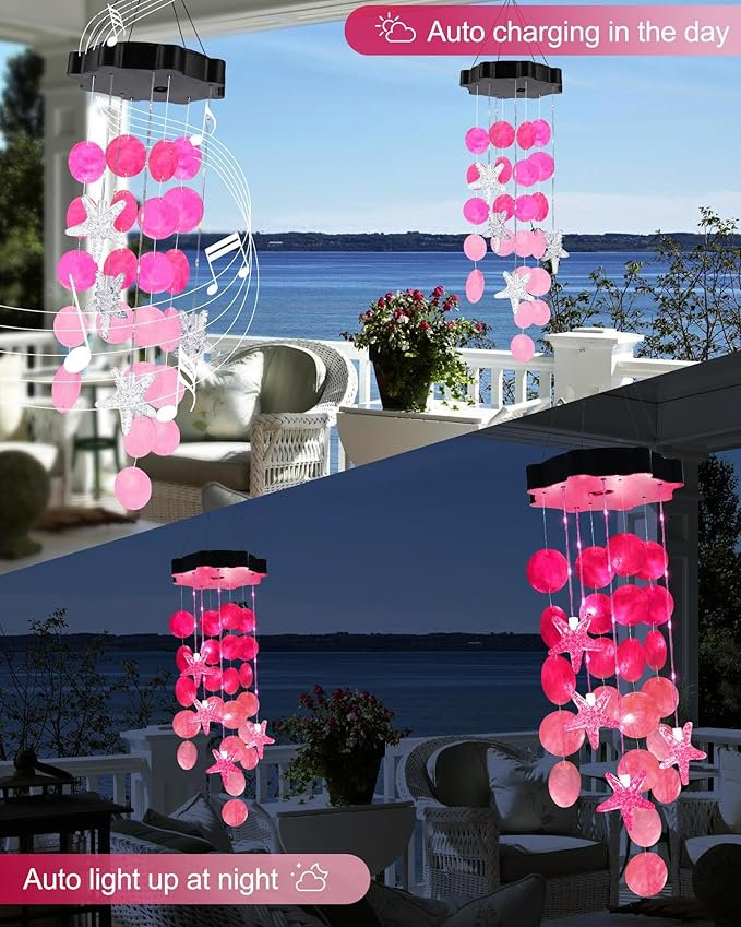 Toodour Solar Wind Chimes for Outside, Shells Light Gifts for Mom Grandma Women Wife Girls, Waterproof Solar Outdoor Decorative Mobile Light for Holiday Garden Porch Yard Outdoor Decor (Pink)