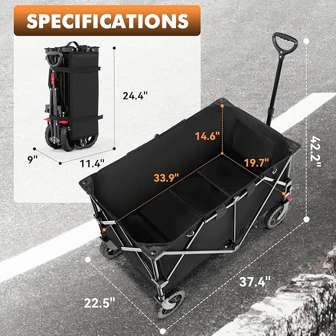Hikenture Collapsible Wagon - 330LBS Capacity, Extra Large Foldable Wagon with All-Terrain Wheels, Utility Beach Cart for Outdoor Garden