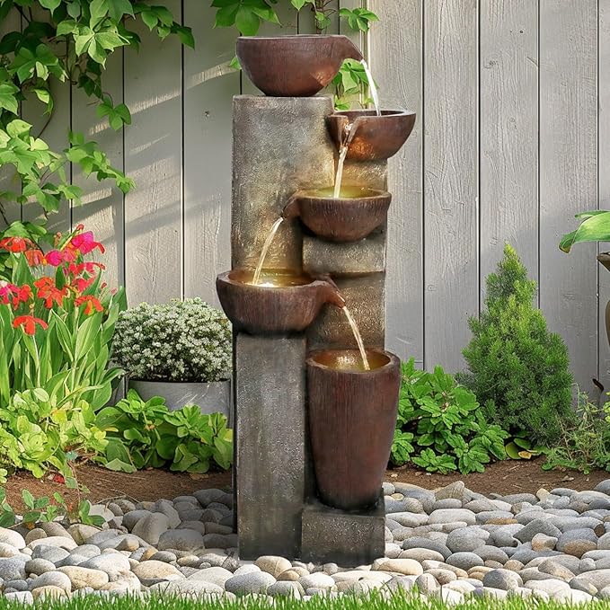 SunJet 5-Tier Cascading Indoor/Outdoor Water Fountain with LED Lights - 39.7" High Large Waterfall Floor Standing Fountain for Garden, Patio, Yard, and Deck Decor - Relaxing Outdoor Water Feature