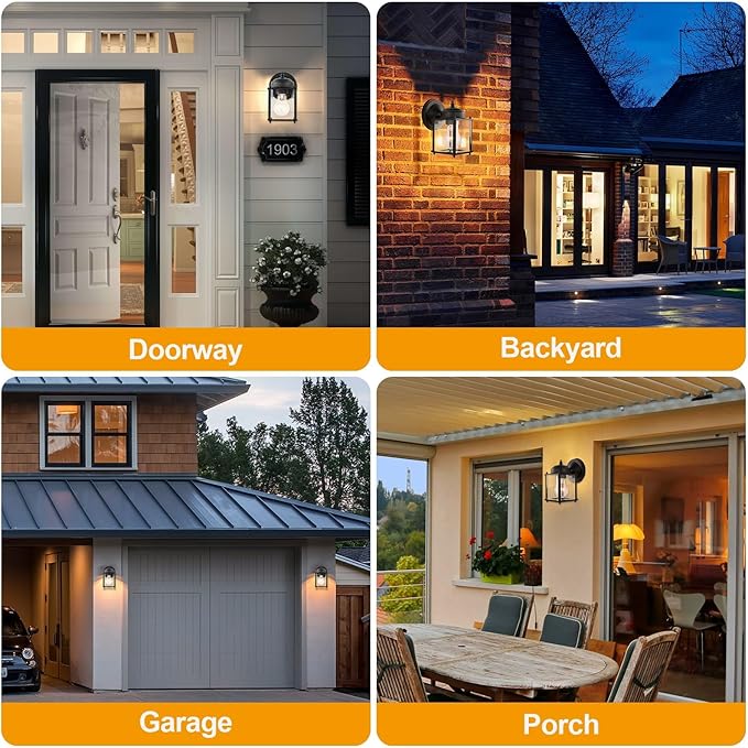 Kalium Outdoor Porch Lights Sconce, Black Exterior Lighting Fixtures Waterproof, Wall Light Fixture with E26 Socket & Glass Shade, Modern Outdoor Lanterns for Patio Front Door