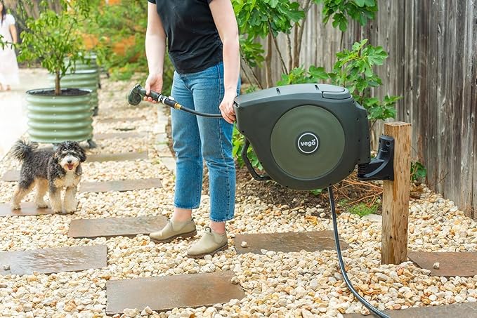 Vego Garden Hose Reel Retractable 1/2" x 100ft Wall Mounted Hose Reel Automatic Rewind, Any Length Lock with 9 Patterns Sprayer Nozzle, Quick Connector and Adjustable shot Nozzle