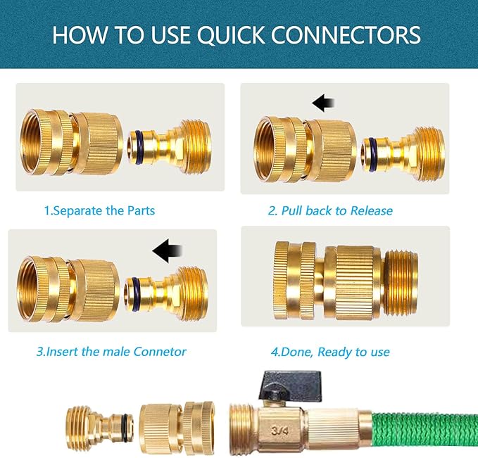 Garden Hose Quick Connect, Brass Hose Quick Connect fittinging, 3/4 Inch Heavy Duty Hose Connector, Leak-Proof, Easy to Install, Compatible with Standard Garden Hoses (4 Pack)