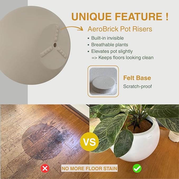 12.8" H x 16" D Globo Fiberstone Round Planter with Drainage Hole, Weather Resistant, Smooth Finish, Planters for Indoor Plants & Outdoor, 2 Extra Coco Mats (Taupe, 10.7" Pot Opening)