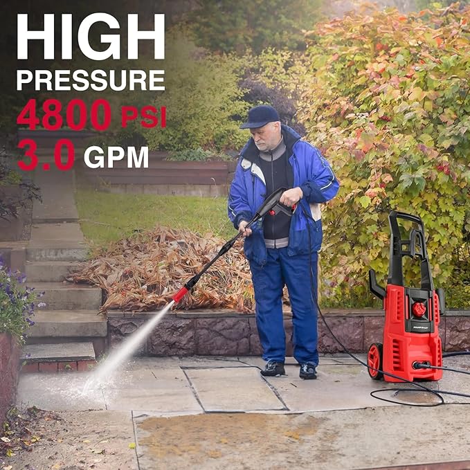 Electric Pressure Washer, 4800 PSI Max,3.0 GPM, 5" Wheels, 18M Cord/Hose Length Max, Power Washer for Patio, Car, Driveway, Fence & Home Cleaning