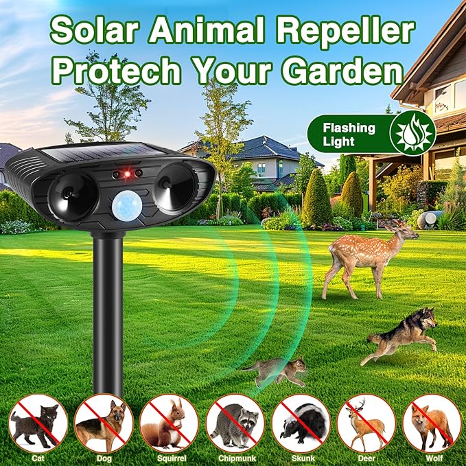 2025 2Pack Deer Repellent Device Ultrasonic Animal Repellent Outdoor Solar Animal Repeller with Motion Detection Cat Deterrent Outdoorto Scare Raccoon Dog Coyote Squirrel Skunk Fox Rabbit