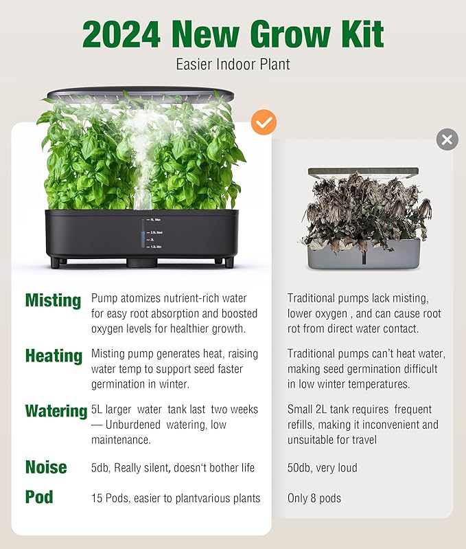 Misting 15 Pods Hydroponic Growing System Herb Garden Kit Indoor, Large Tank Plant Germination Kit with Adjustable Height Grow Light to “20", Quiet Pump, Auto Timer, Gardening Christmas Gifts (5L)
