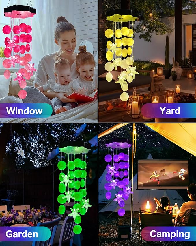 Toodour Solar Wind Chimes for Outside, Shells Light Gifts for Mom Grandma Women Wife Girls, Waterproof Solar Outdoor Decorative Mobile Light for Holiday Garden Porch Yard Outdoor Decor (Warm White)