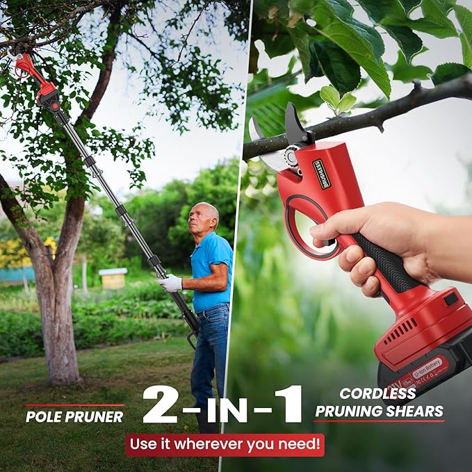 Electric Pruning Shears with Pole, 2-in-1 Cordless Pruning Shears 1.6" with SK7 Blade,8FT Reach,800W Brushless Motor,2 x 21V 2000 mAh Batteries,6โ10Hs,Tree Branch Cutter for Gardening Pruning