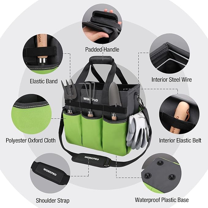 WORKPRO Garden Tool Bag Organizer, Heavy Duty Gardening Tote Bag with 10 Pockets and Long Adjustable Shoulder Strap, Standable Garden Home Tool Kits Organizer, Green (Tools are not included)