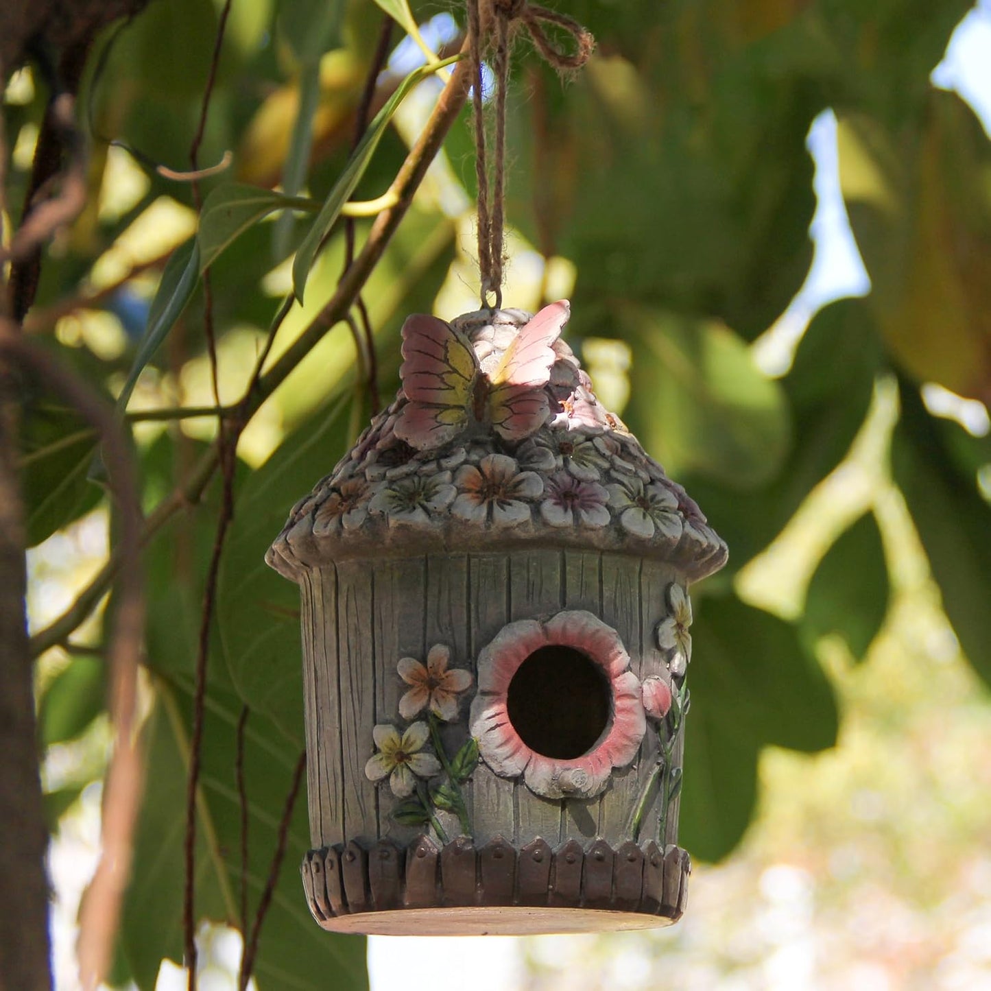 Hanging Bird House for Outdoor with Solar Light, Nesting Box Garden Resin Decor, Pet Cottage Birdhouse with Pole Decoration for Small Hummingbird Blue Bird Sparrow Chickadee