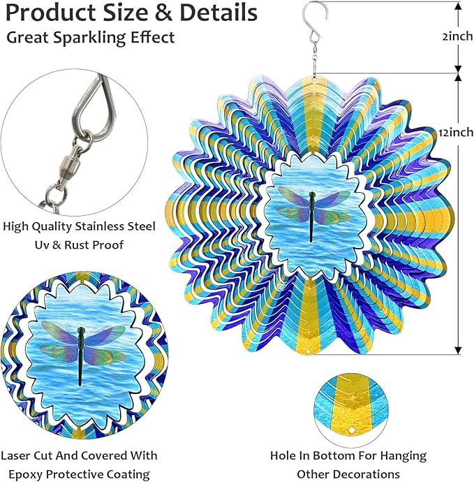 Dragonfly Animated Wind Spinner - 12″ Kinetic 3D Hanging Sculpture, Creates Dragonfly Animation Effect | Patio Lawn Garden Decor, Creative Gifts for Mother/Father/Women/Men