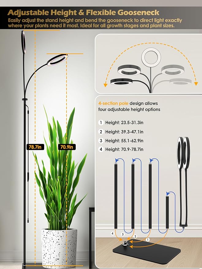 GLOWRIUM Grow Lights for Indoor Plants,Plant Light with 3/9/12/16H Grow Light Timer,2-Head 48W Full Spectrum LED Grow Light, 3 Lighting Mode and Stepless Dimming (Black, 48W)