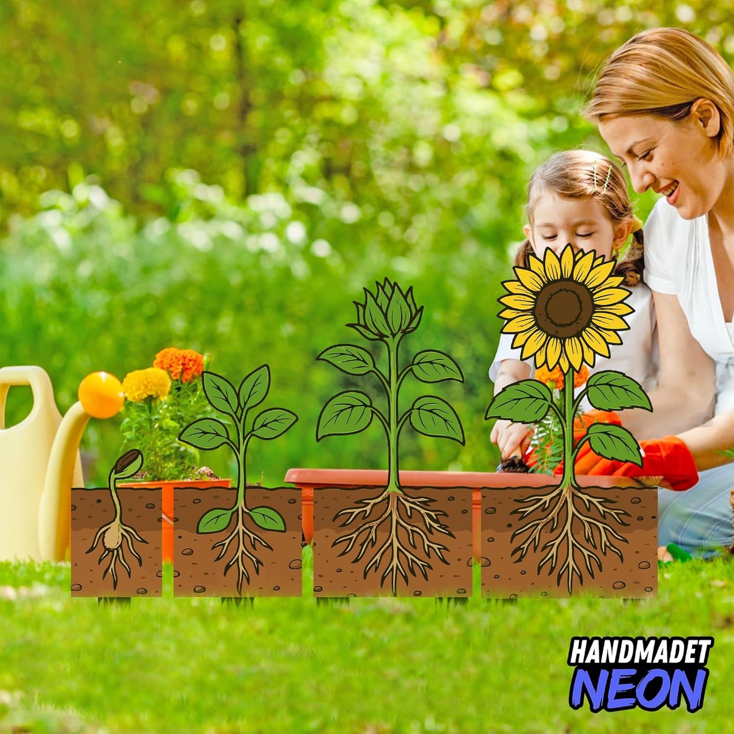 Personalized Sunflower Growth Garden Stakes Combo 2 Set, Custom Metal Gardening Markers, Decorative Outdoor Yard Sign, Art Decor Gifts for Nature Lovers, Grandmother, Mom, Dad