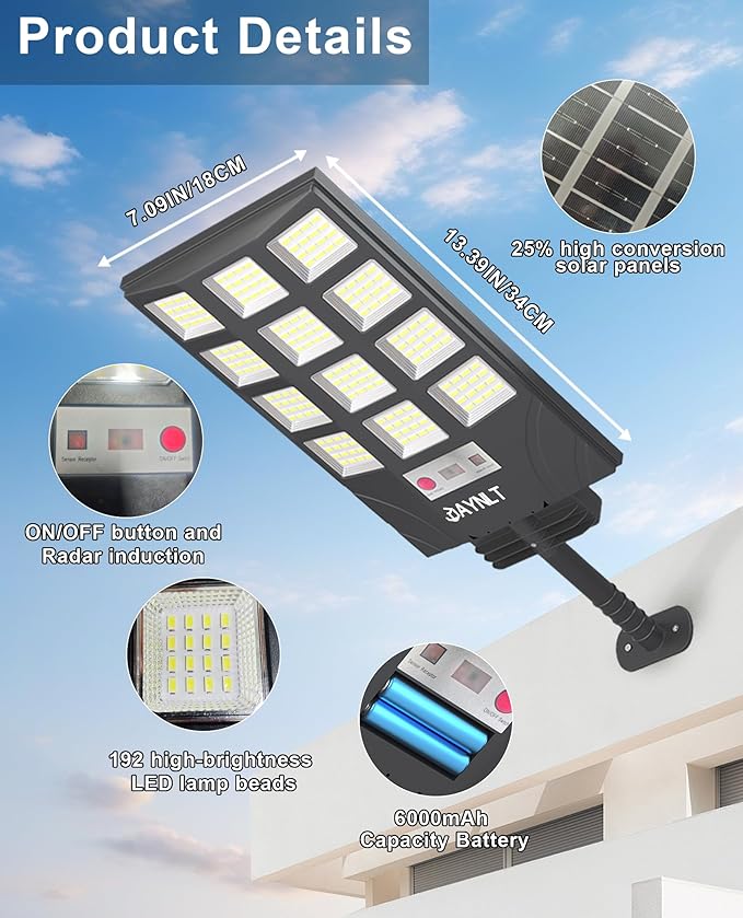 JAYNLT Solar Lights for Outside, 5 Lighting Modes Solar Flood Security Light with Motion Sensor & Dusk to Dawn&Remote, 6500K Street Lamps for Yard Garden,Shop - 2PACK