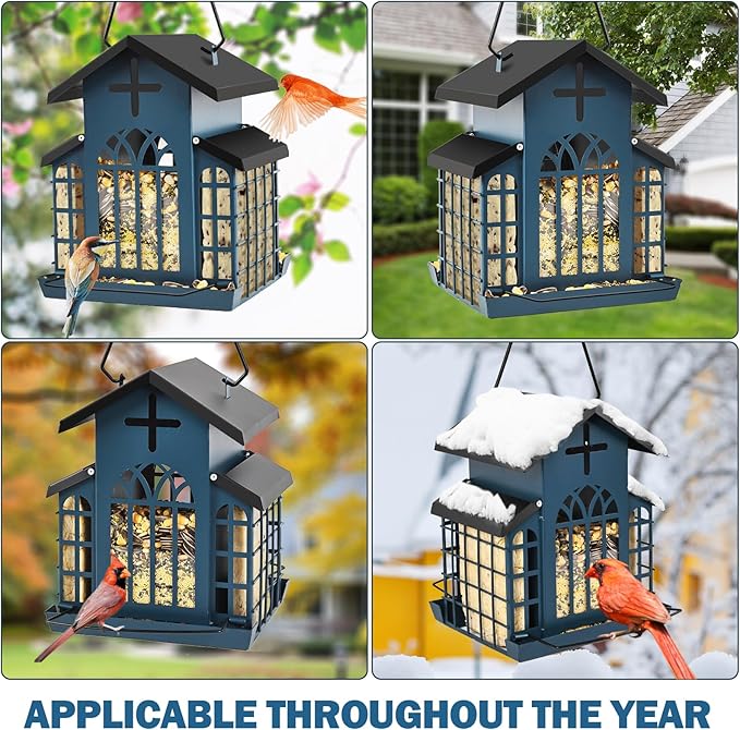 5LB Church Metal Hanging Bird Feeder for Outdoors, Weatherproof Suet Feeders for Outside Hanging, Large Bird Feeders Great for Attracting Finch, Woodpecker and More Wild Birds-White