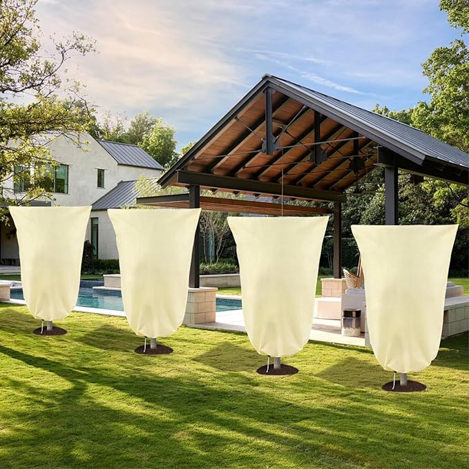 8 Pack Plant Covers Freeze Protection, 31.5"x47.2" Frost Blankets with Zipper Drawstring, Winter Cold Weather Plant Protection Jacket for Outdoor Plants Potted Shrubs Trees from Freeze Animals, Beige