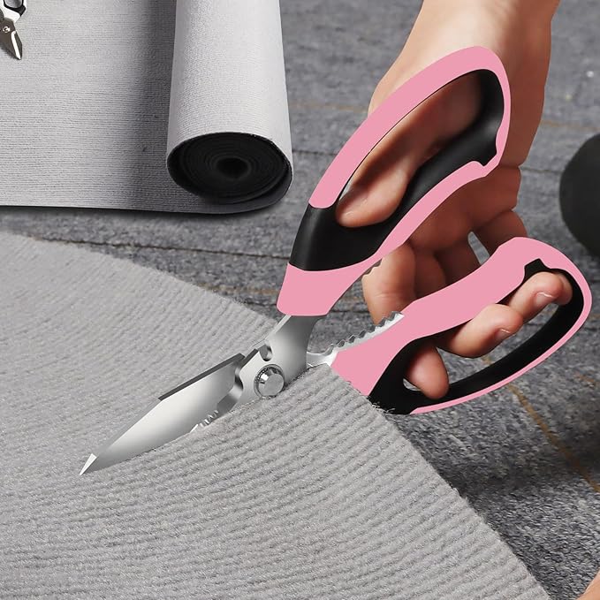 8-Inch Heavy Duty Utility Scissors All Purpose, Serrated Blade, Pink Comfort Grip for Cutting Carpet, Cardboard, Leather, Fabric, Multipurpose Sharp Shears for Kitchen, Garden, Office, Carft