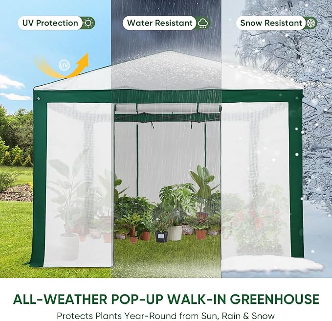 EAGLE PEAK 10x10 Portable Walk in Greenhouse with Polyester Reinforced Corners, Instant Pop up Indoor Outdoor Gardening Green House, Roll Up Zipper Entry Doors and Mesh Windows, Green/White