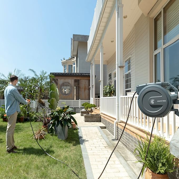 Giraffe Tools Retractable Hose Reel 1/2 in x130 FT PRO Metal Bracket Wall Mounted Heavy Duty Hose Reel with 9 Pattern Nozzle 180 Deg Swivel, Metal Bracket Any Length Lock (1/2 130FT PRO, Dark Grey)