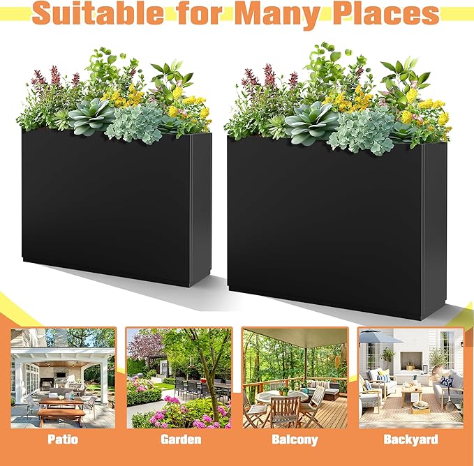 Large Rectangle Planter Metal Black Planter Box with a Drainage Hole and a Removable Divider Indoor Outdoor Porch Pots for Tall Plants, Trees, Flowers 35.43" x 9.06" x 25.59" Black