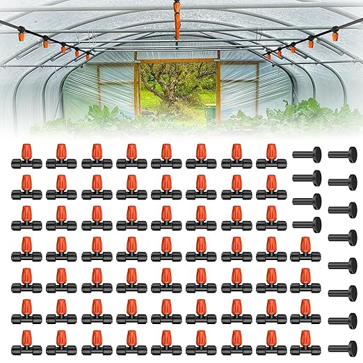 Pawfly 60 Pcs Push-to-Fit Drip Irrigation Spray Emitters with Adjustable 360 Degree Water Flow, Irrigation Drippers with End Plugs, Tee Misting Atomizing Nozzles Micro Sprayers for 1/4 Inch Tubing