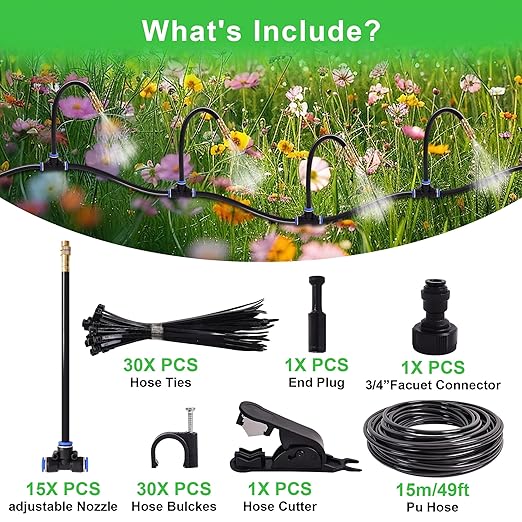 Drip Irrigation Kit, Flexible 360°Adjustable Watering System with Nozzle Control, Misting Hose for Garden, Greenhouse, Lawn, Yard & Potted Plants (49 Feets)