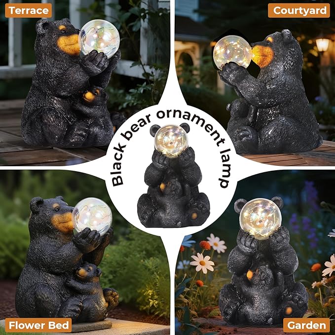 Solar Garden Statues Loving Bear Figurine with Ballon Lights for Outside, Yard Decorations Outdoor, Garden Decor Unique Birthday Housewarming Gifts for Mom, Women