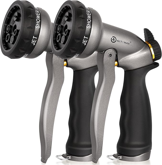 AUTOMAN Garden Hose Nozzle - 2 Pack, 100% Metal High Pressure Spray Nozzle, Labor-Saving Design, Heavy Duty for Garden Watering, Car Washing, Window Cleaning, Pets Bathing