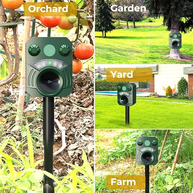 Solar Powered Animal Repeller Ultrasonic Dog Deterrent Waterproof Cat Repellent Outdoor Squirrel Deer Racoon Fox Control Device with RIP Sensor Flashing Light and 5 Modes