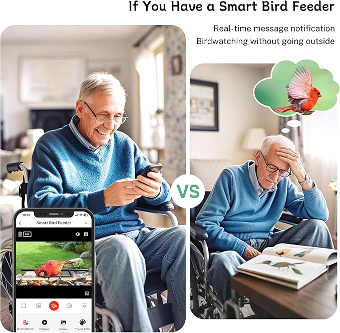 TT Nature Bird Feeder with Camera, Upgraded 1.5L Smart Bird Feeder with AI Identify for 10000+ Bird Species, Auto Capture Bird & Real-time Notifications, Ideal Gift for Bird Lover (Wooden Roof)