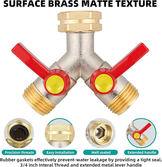 full flow Garden Hose Splitter, 3/4”GHT Inlet Brass Heavy Duty High Flow Hose Splitter 2-Way Full Flow, Hose Y-Valve Faucet Adapter, Runner and Large Outlet with Extended Handle.